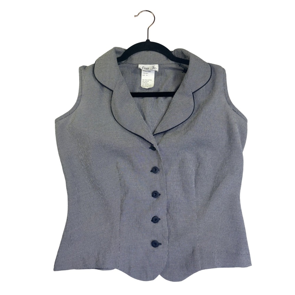 Lisa Jo Vintage Navy Houndstooth Sleeveless Button Front Vest Top Size 3/4